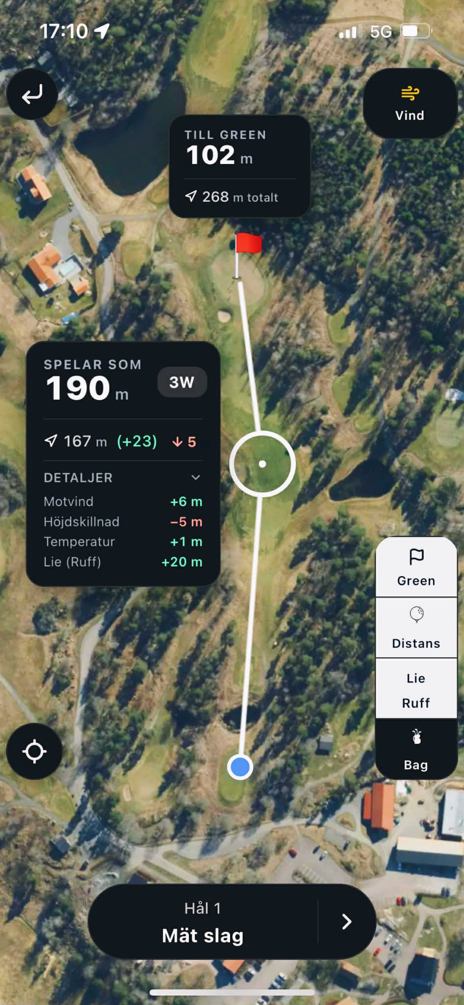 Caddio vy med beräkningar för slagdistans